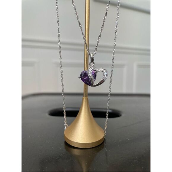 Jeulia 925 Silver Double Heart Pendant Necklace Amethyst CZ Stone Pendant - Picture 5 of 5